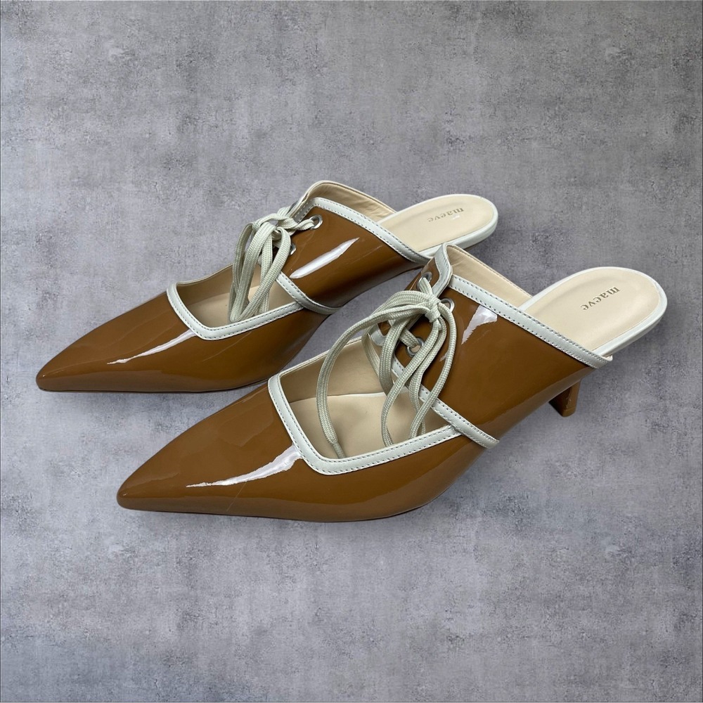 Anthropologie Maeve Contrast Lace Up Kitten Heel Mules Glossy Brown Womens 9 - Picture 3 of 9